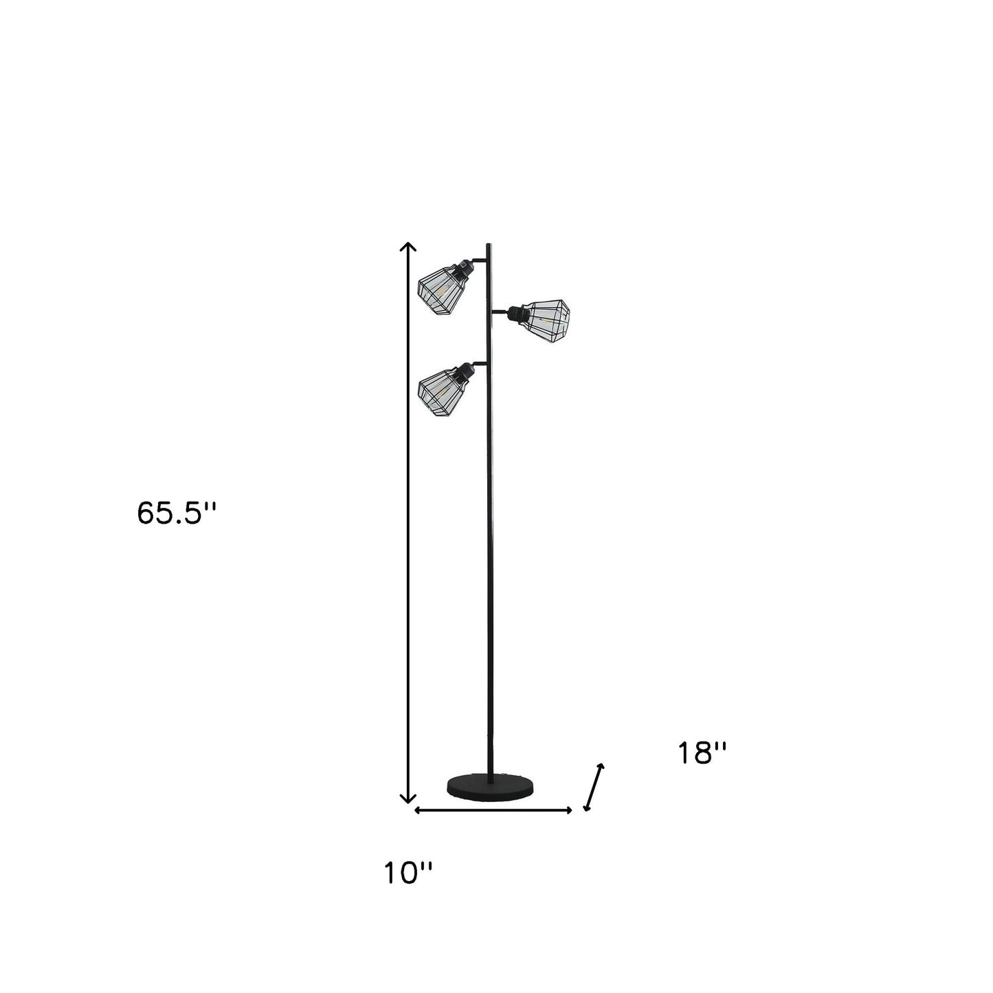 66" Black Three Light Tree Floor Lamp With Black Metal Cage Shade