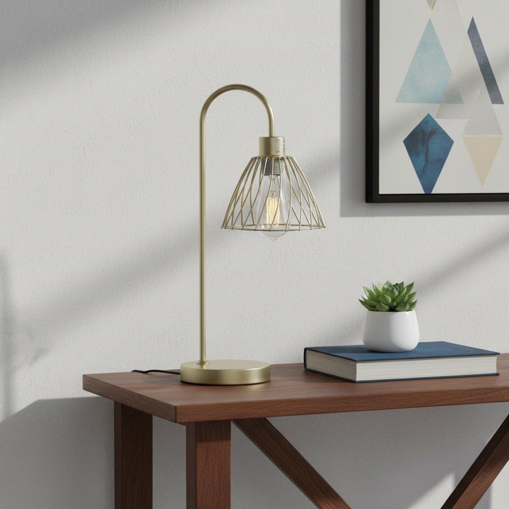 21" Gold Bedside Table Lamp With Gold Cage Shade