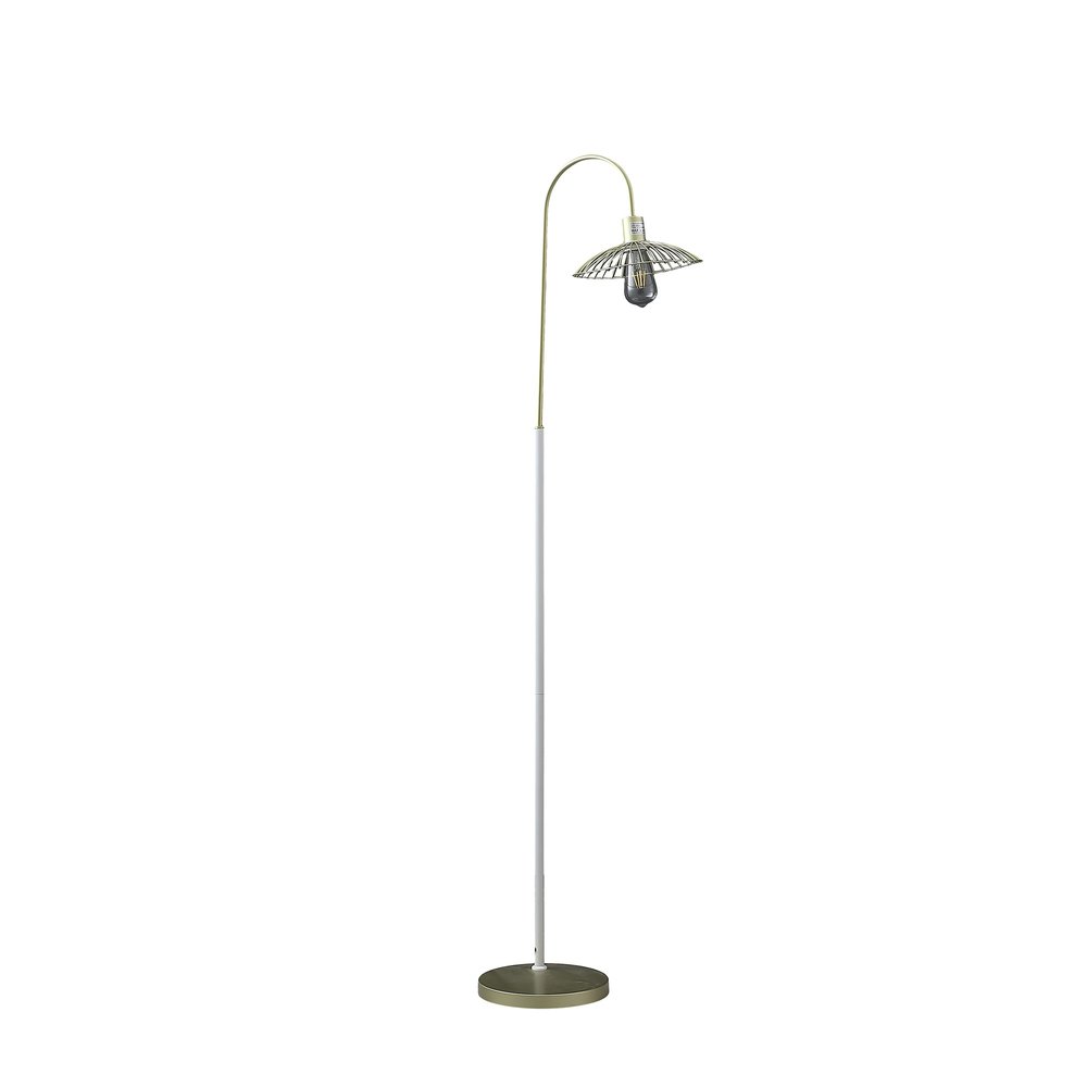 64" tall gold and white arched floor lamp with a gold metal cage shade