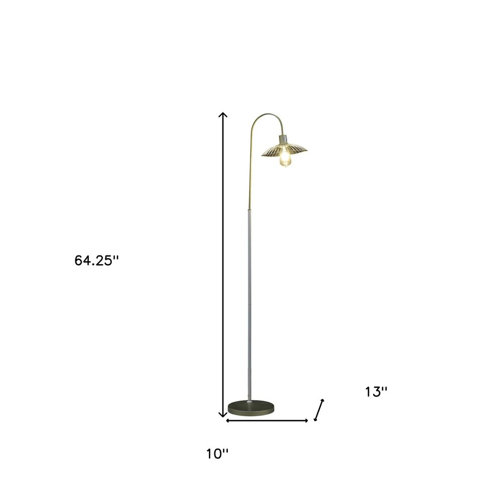 64" arched floor lamp in gold and white with a gold metal cage shade