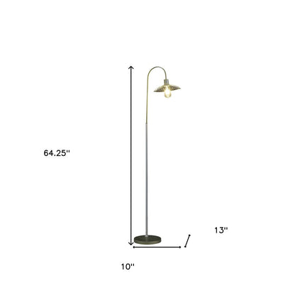 64" arched floor lamp in gold and white with a gold metal cage shade