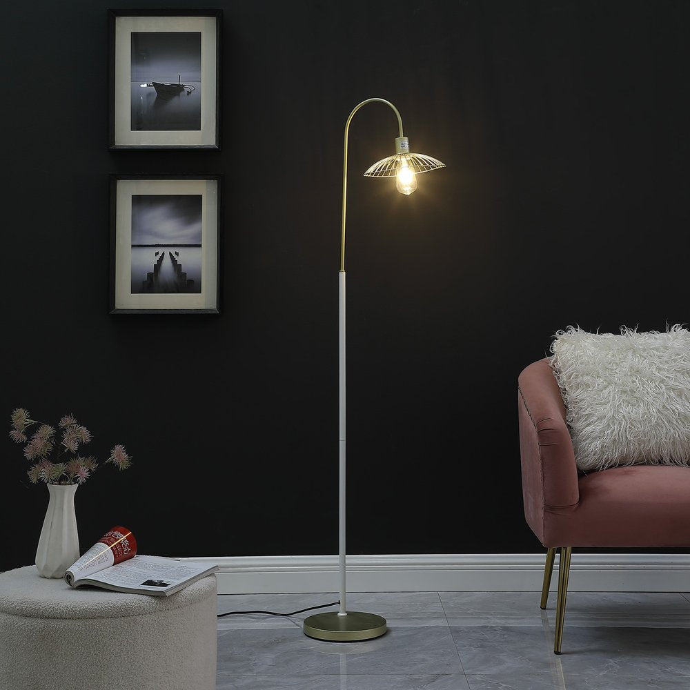 64" gold and white arched floor lamp with a gold metal cage shade.