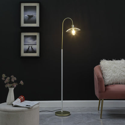 64" gold and white arched floor lamp with a gold metal cage shade.