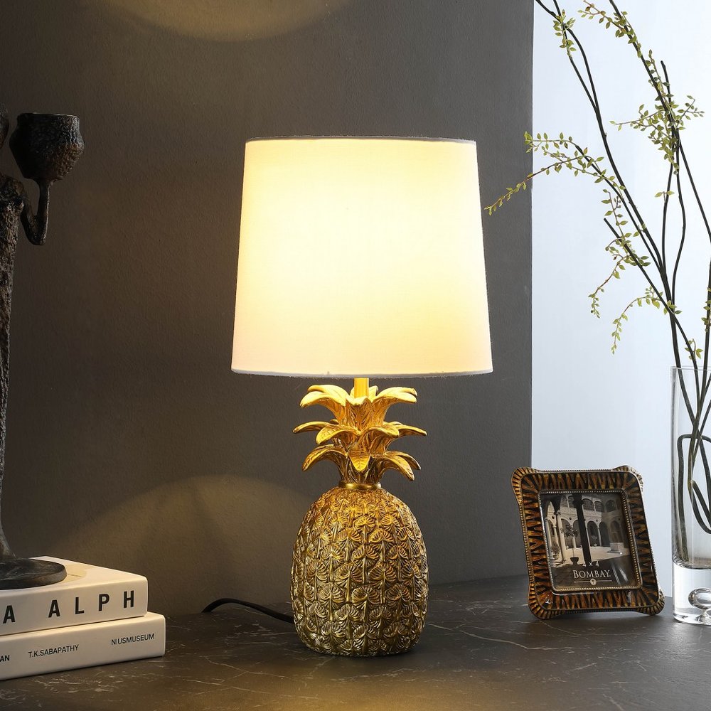 17" Gold Pineapple Table Lamp With White Empire Shade