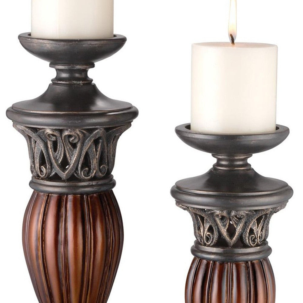 Set Of Two Bronze and Brown Tabletop Pillar Candle Holders