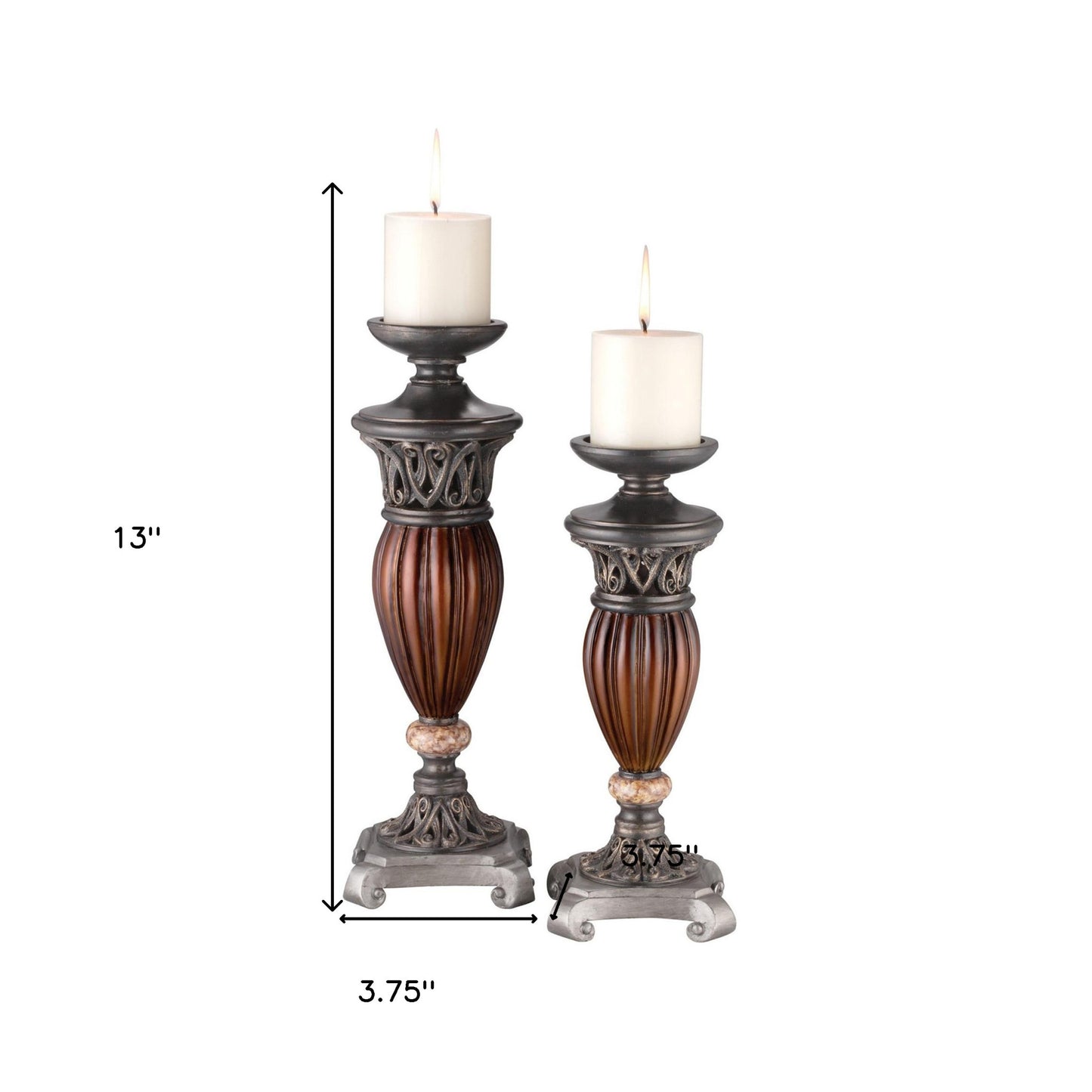 Set Of Two Bronze and Brown Tabletop Pillar Candle Holders