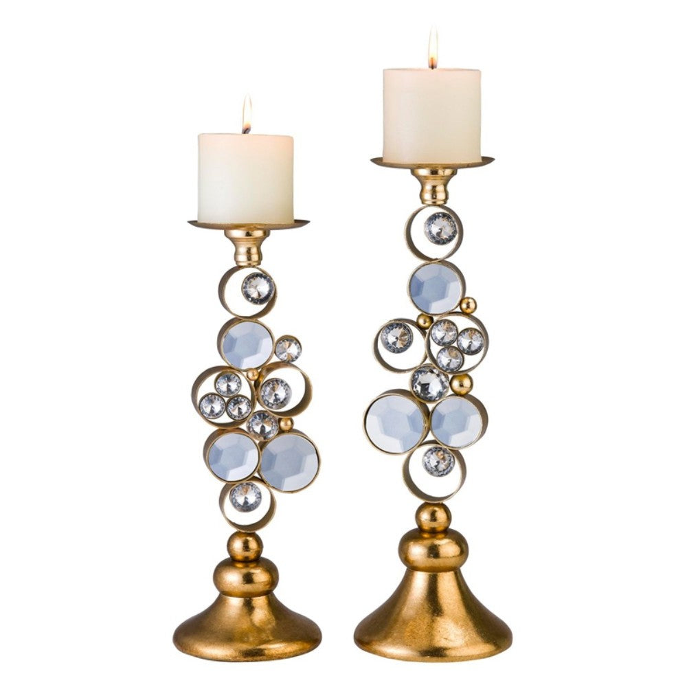 Set Of Two Gold Bling Tabletop Pillar Candle Holder