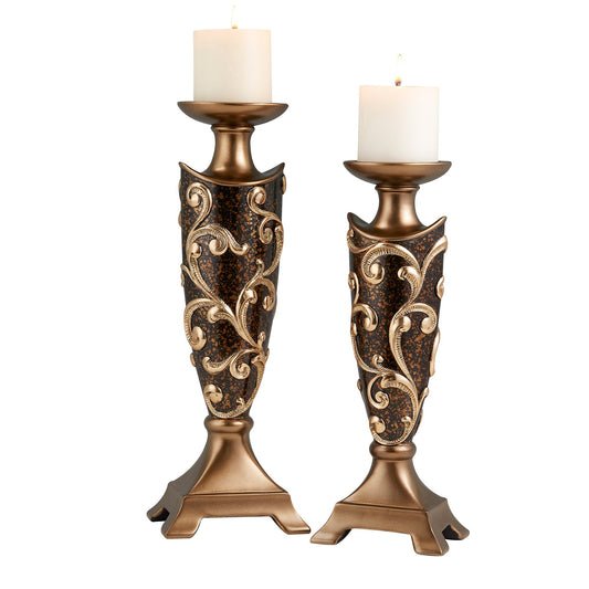 Set of Two Brown and Gold Polyresin Floral Centerpiece Pillar Candle Holders With Candle