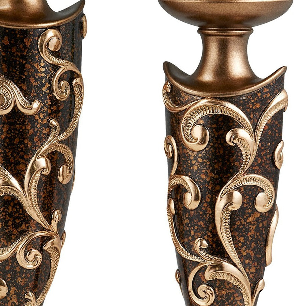 Set of Two Brown and Gold Polyresin Floral Centerpiece Pillar Candle Holders With Candle