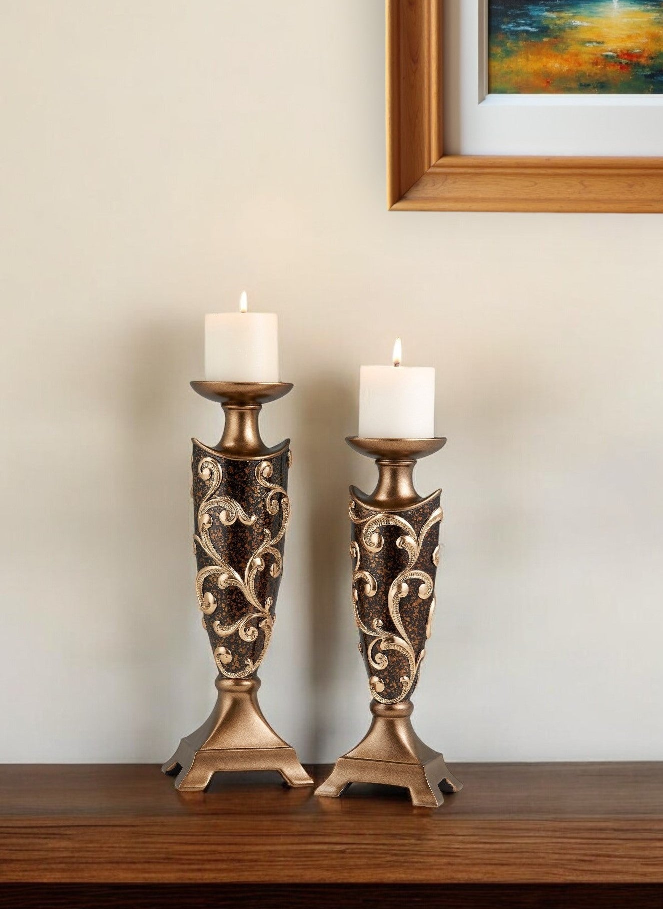 Set of Two Brown and Gold Polyresin Floral Centerpiece Pillar Candle Holders With Candle