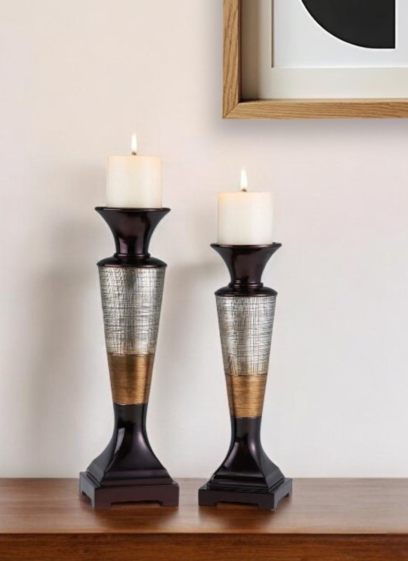 Set of Two Espresso Silver and Gold Polyresin Striped Centerpiece Pillar Candle Holders With Candle