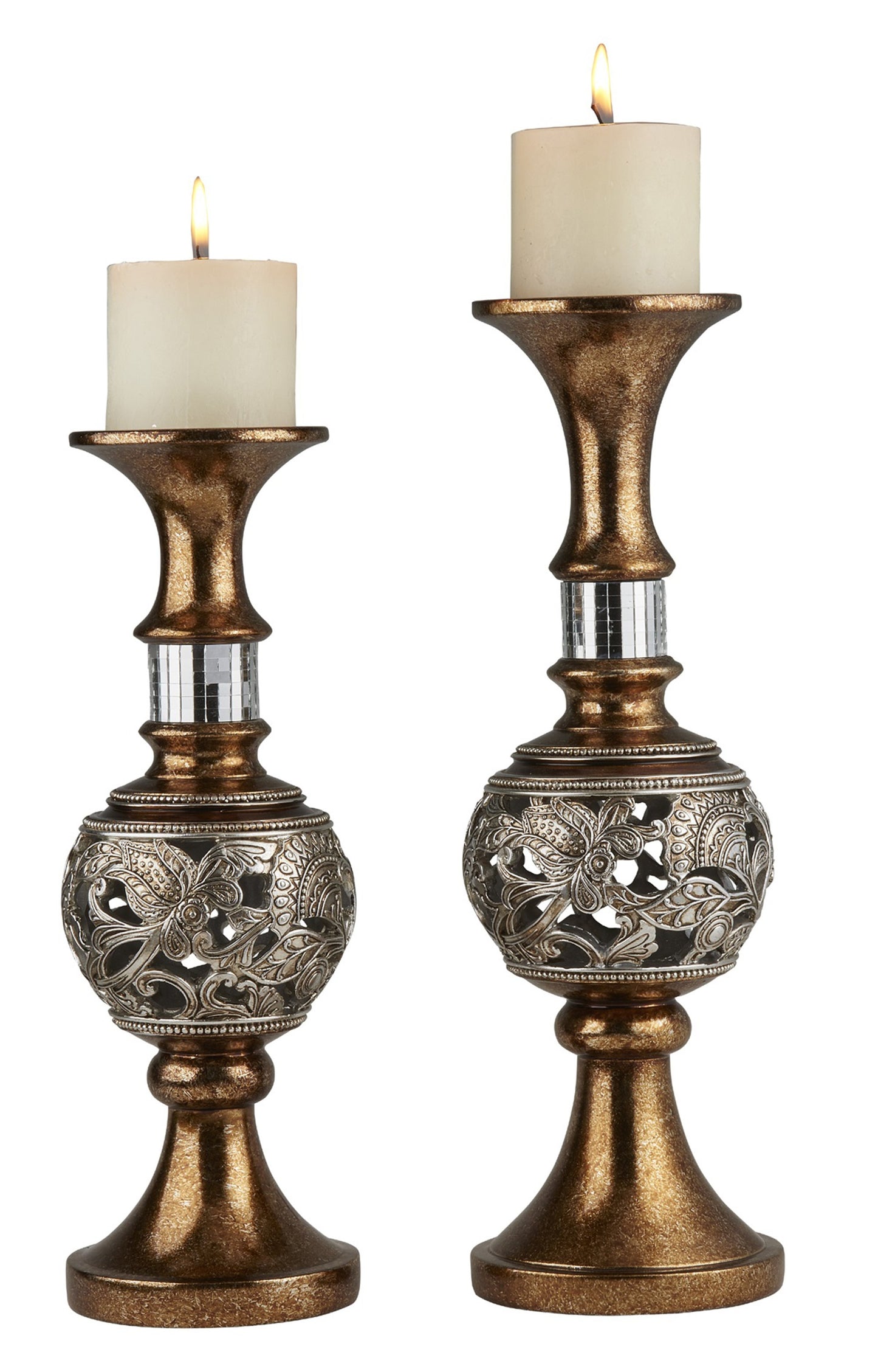 Set Of Two Silver and Brown Pillar Tabletop Pillar Candle Holders