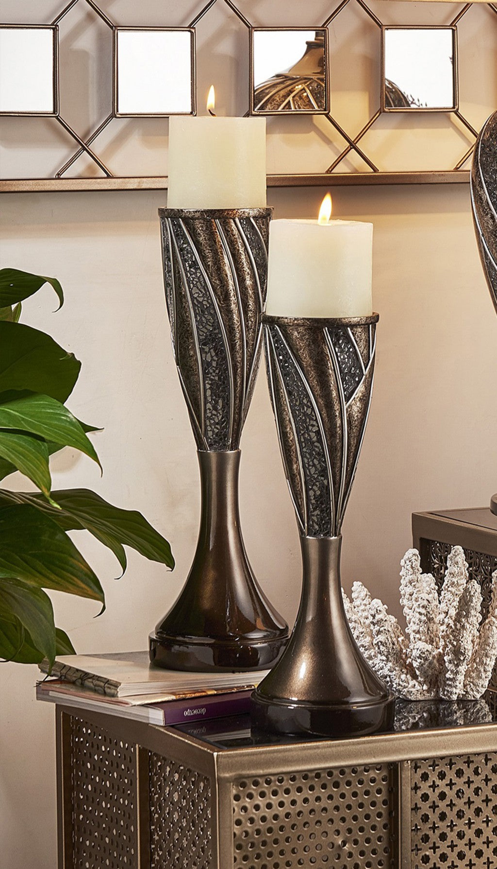 Set Of Two Brown and Bronze Pillar Tabletop Pillar Candle Holders