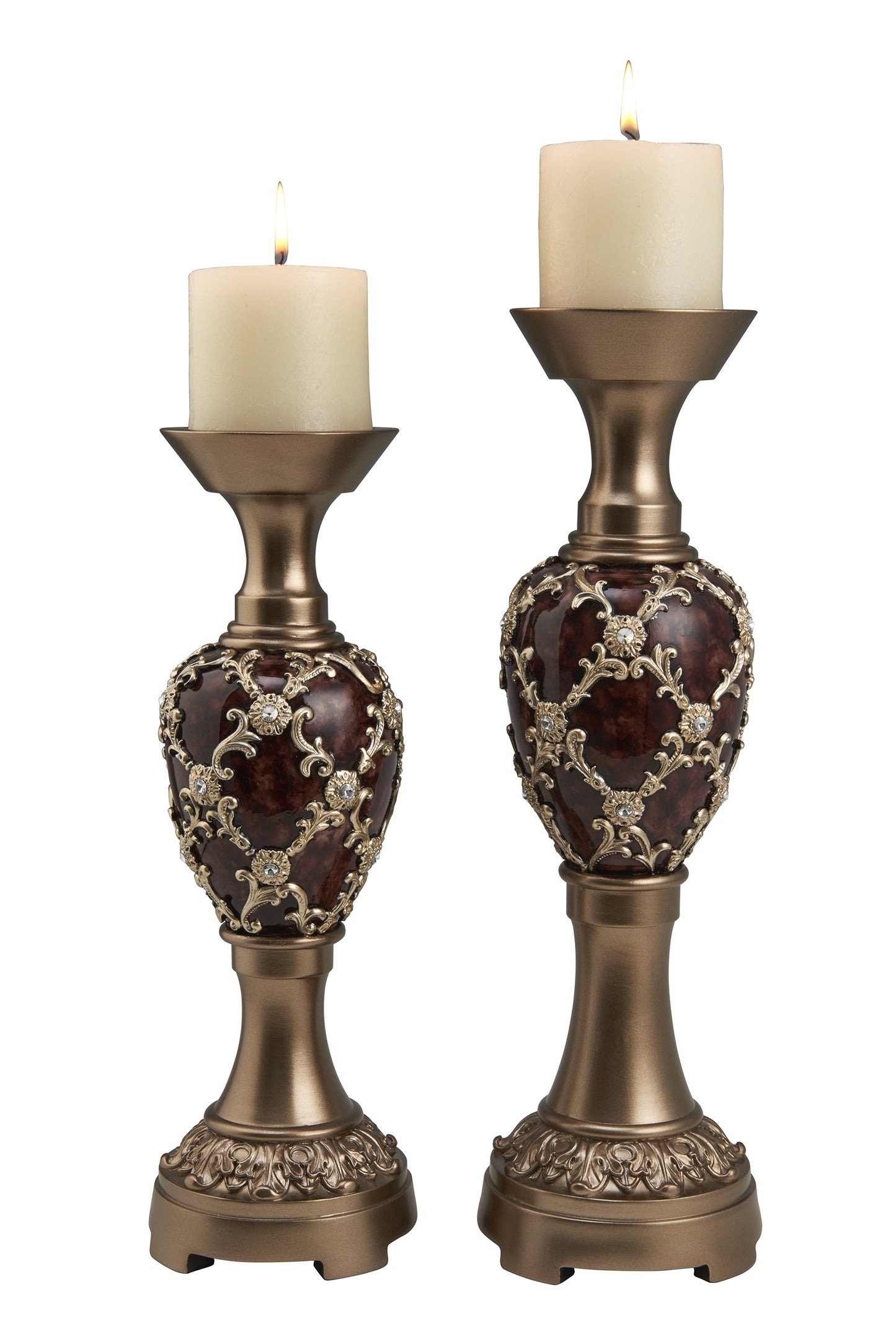 Set Of Two Gold Pillar Tabletop Pillar Candle Holders