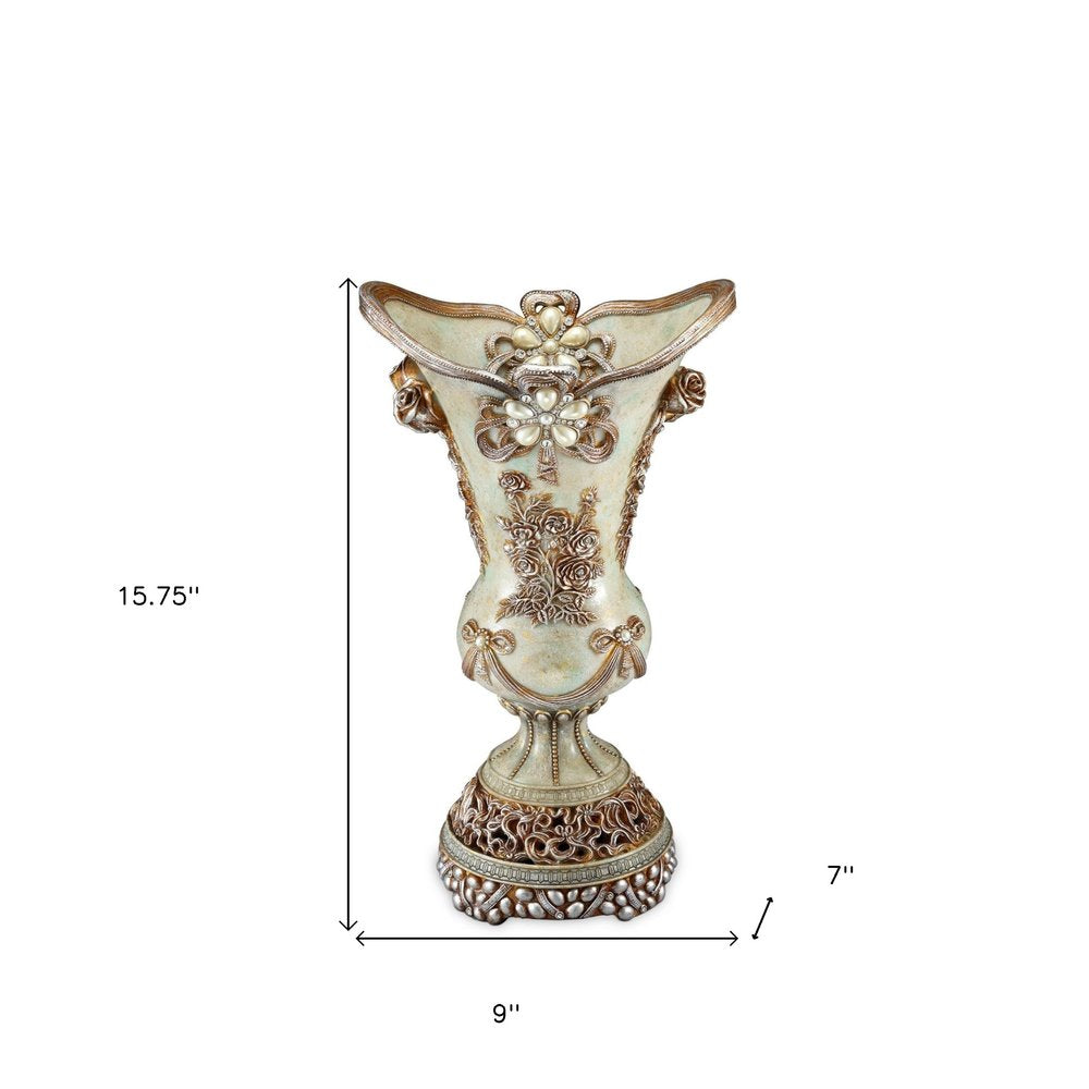 16" Green Bronze and Silver Floral Trumpet Polyresin Table Vase With Stones