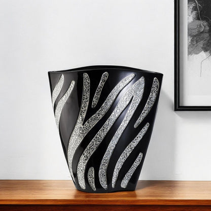 14" Black And Silver Striped Wavy Polyresin Table Vase