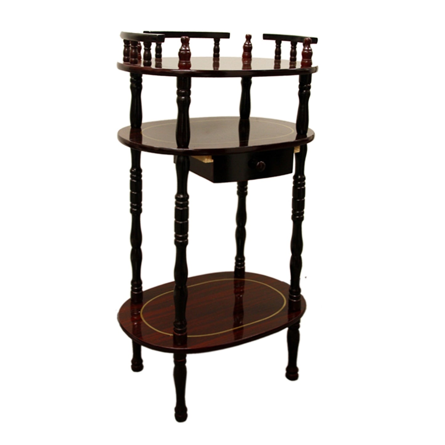 28" Brown Wood And Wood Oval End Table With Drawer And Two Shelves