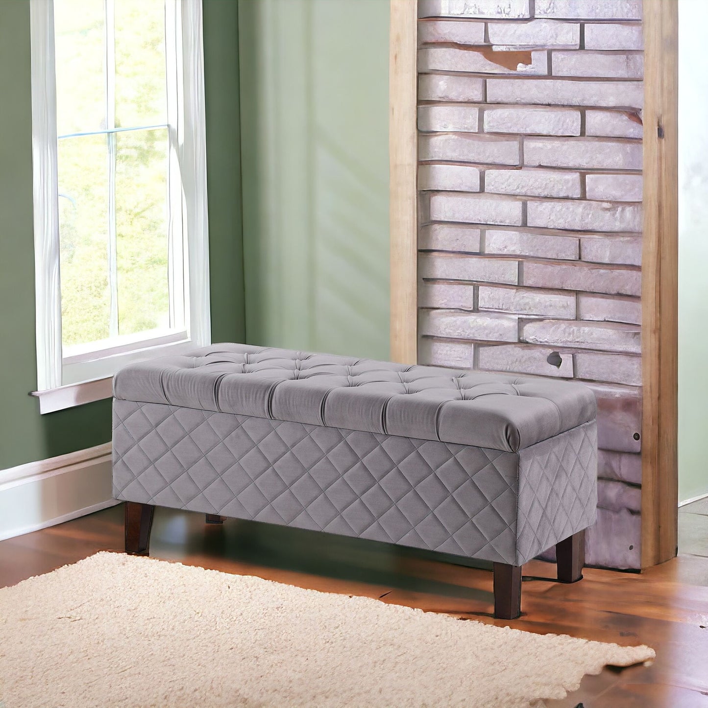 41" Gray and Dark Brown Upholstered Polyester Blend Bench with Flip top