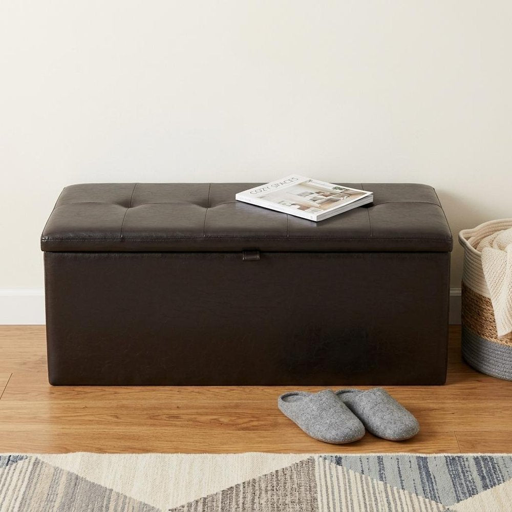 17" Brown Upholstered Faux Leather Bench with Flip top