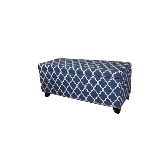 42" blue, white and dark brown upholstered polyester quatrefoil bench with flip-top