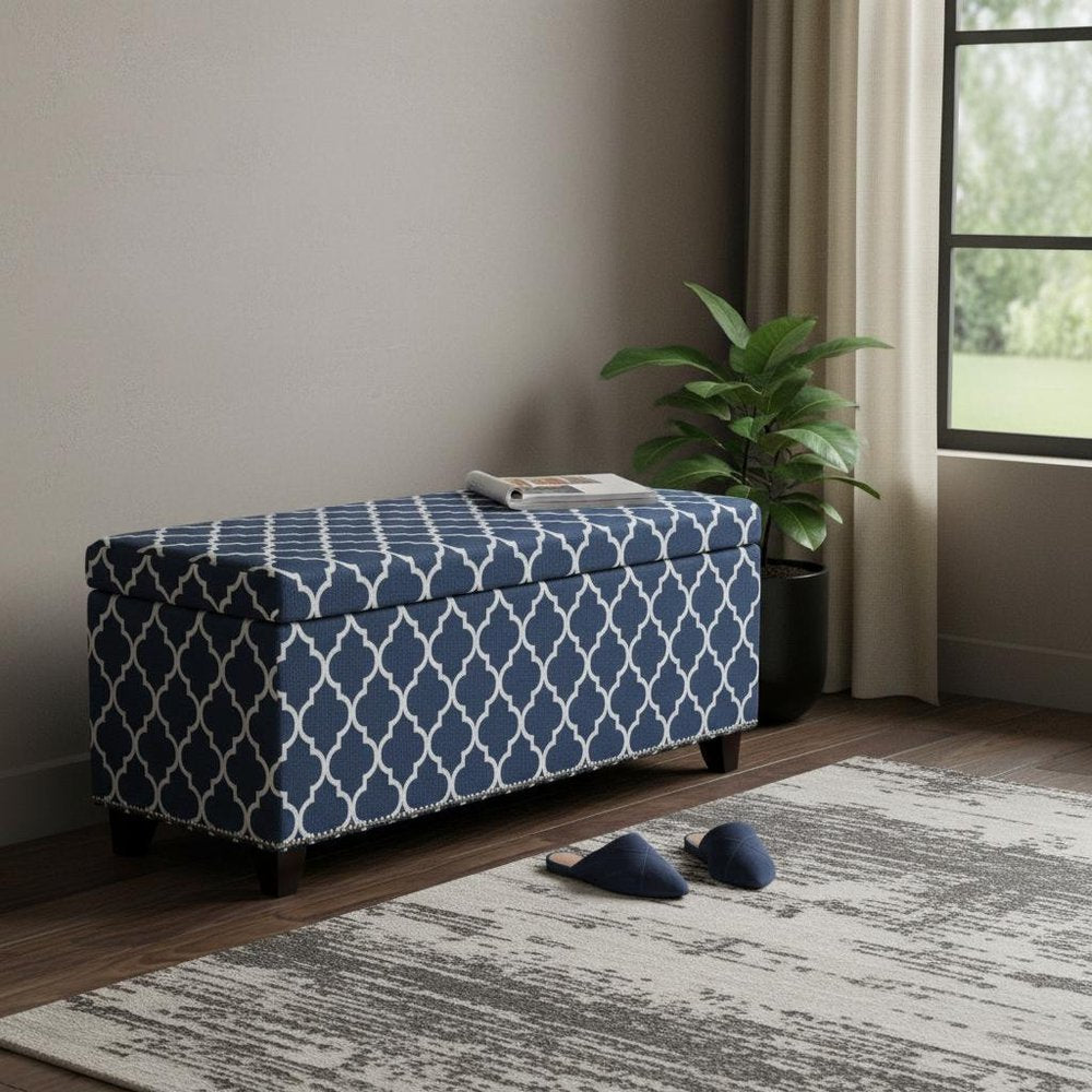 42" Blue and White and Dark Brown Upholstered Polyester Quatrefoil Bench with Flip top