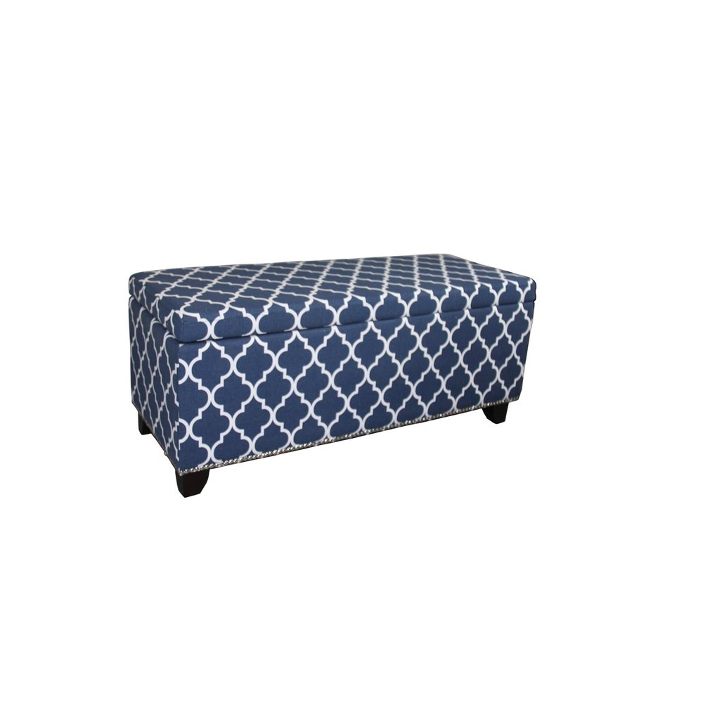 42" blue, white and dark brown upholstered polyester quatrefoil storage bench with flip-top lid