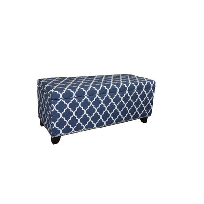 42" blue, white and dark brown upholstered polyester quatrefoil storage bench with flip-top lid