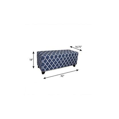 42" Blue and White and Dark Brown Upholstered Polyester Quatrefoil Bench with Flip top