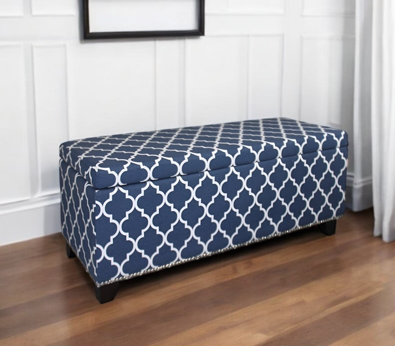 42" Blue and White and Dark Brown Upholstered Polyester Quatrefoil Bench with Flip top