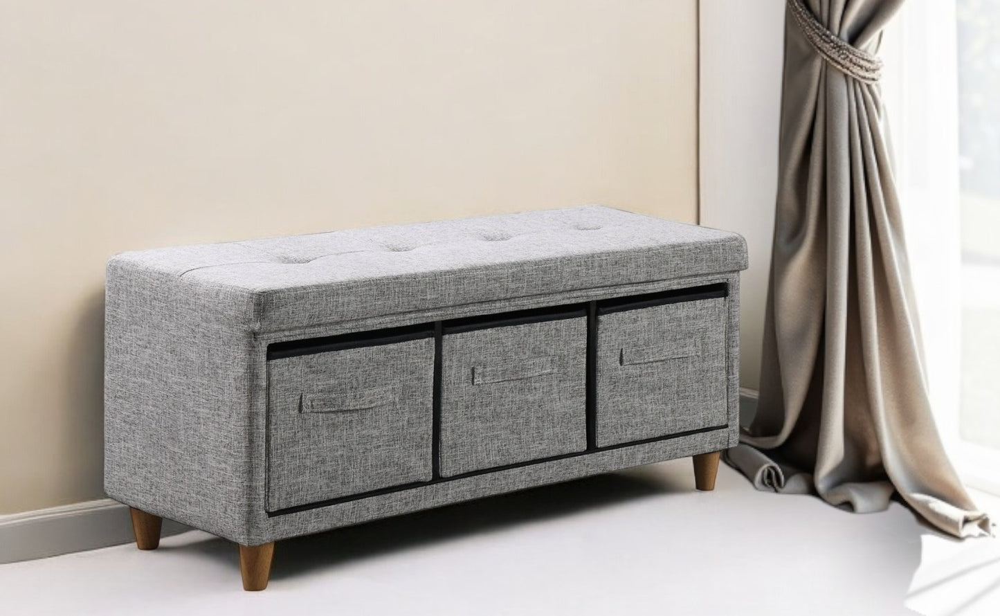 40" Gray and Brown Tufted Fabric Upholstered Storage Bench with Drawers