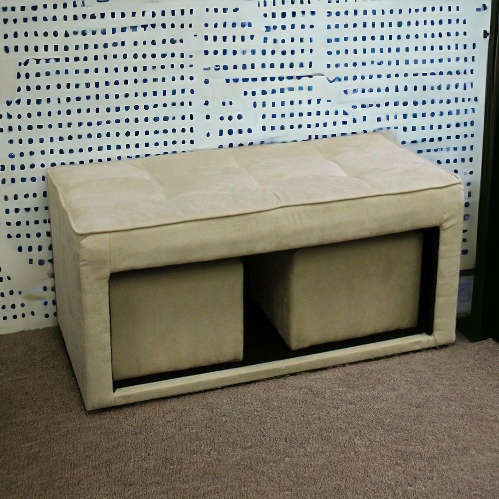 Beige storage bench and ottoman set.