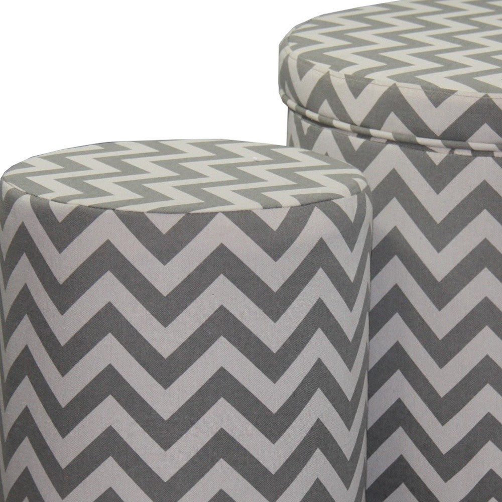 Set of Two Gray and White Polyester Blend Round Geometric Footstool Ottoman