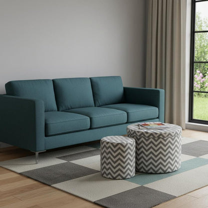 Set of Two Gray and White Polyester Blend Round Geometric Footstool Ottoman