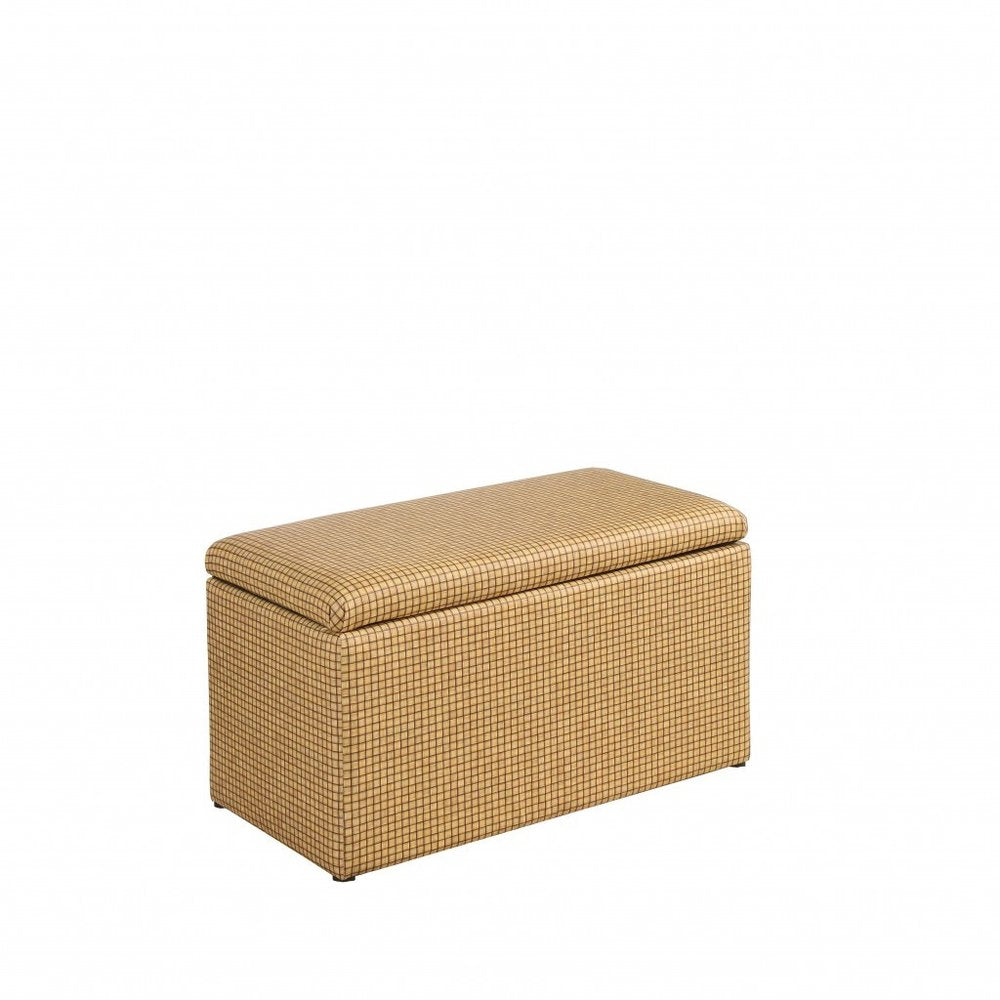 17-inch yellow and brown upholstered faux leather bench with flip-top lid.
