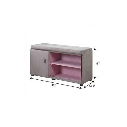 Light Gray and Pink Tufted Shoe Storage Bench