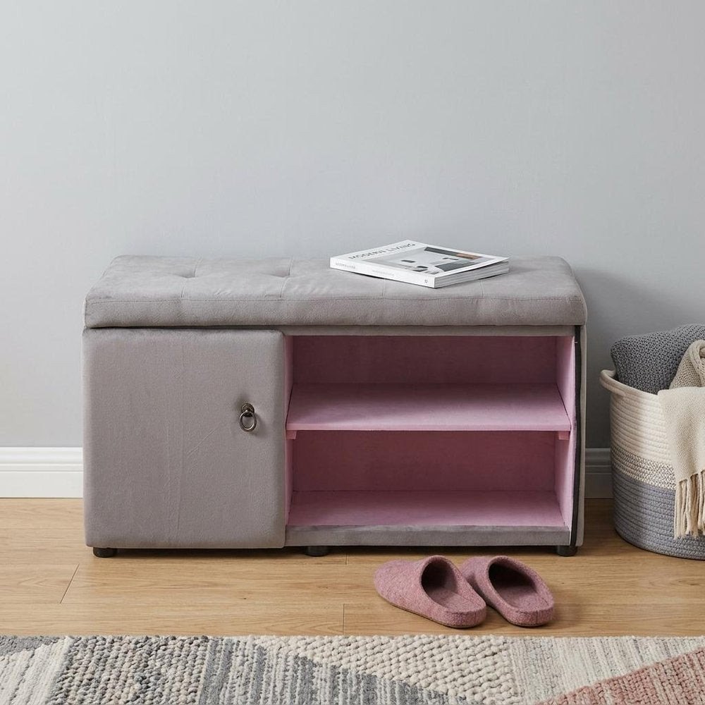 Light Gray and Pink Tufted Shoe Storage Bench