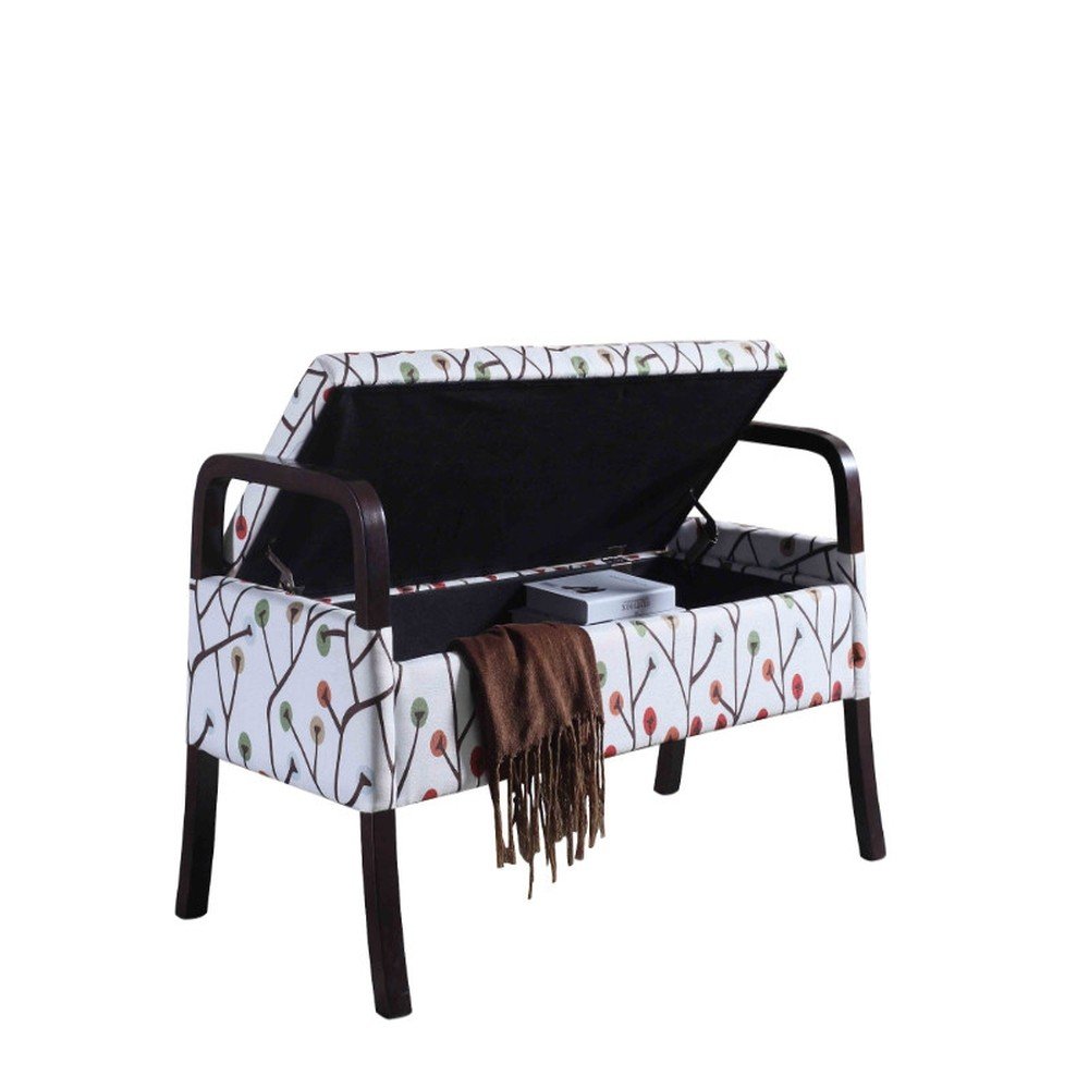 17" Red White And Espresso Floral Fabric And Solid Wood Upholstered Storage Entryway Stool With Flip Top