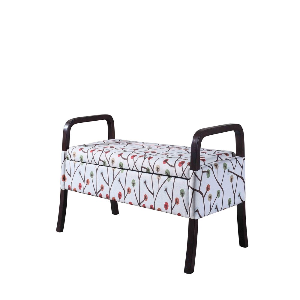 17" Red White And Espresso Floral Fabric And Solid Wood Upholstered Storage Entryway Stool With Flip Top
