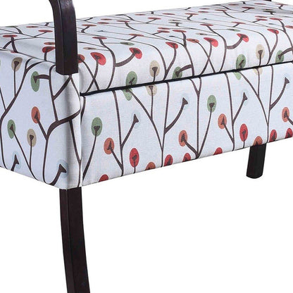 17" Red White And Espresso Floral Fabric And Solid Wood Upholstered Storage Entryway Stool With Flip Top