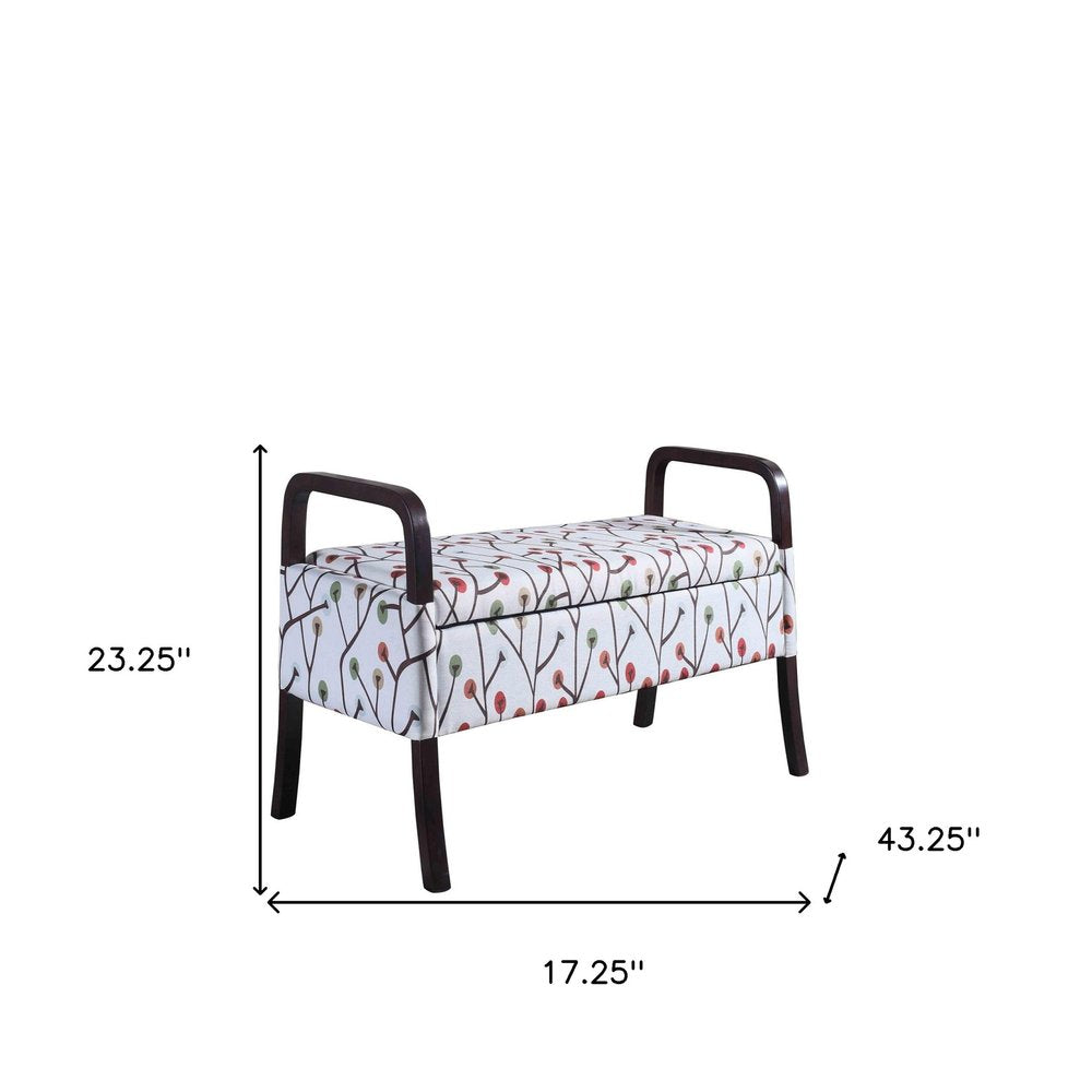 17" Red White And Espresso Floral Fabric And Solid Wood Upholstered Storage Entryway Stool With Flip Top