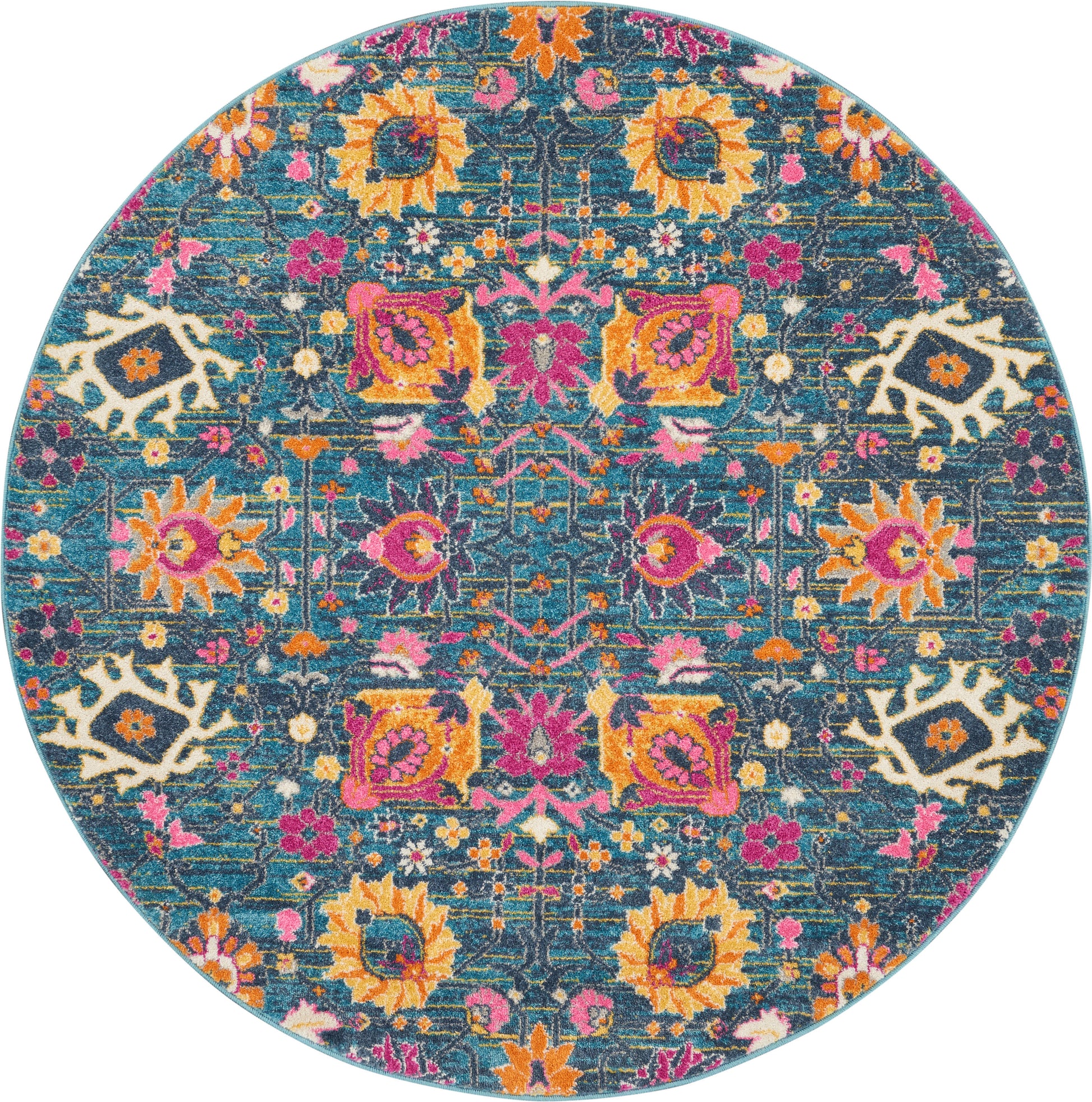 Round teal rug with vibrant multicolor floral & geometric pattern; orange, pink, yellow blooms; oriental-inspired style.