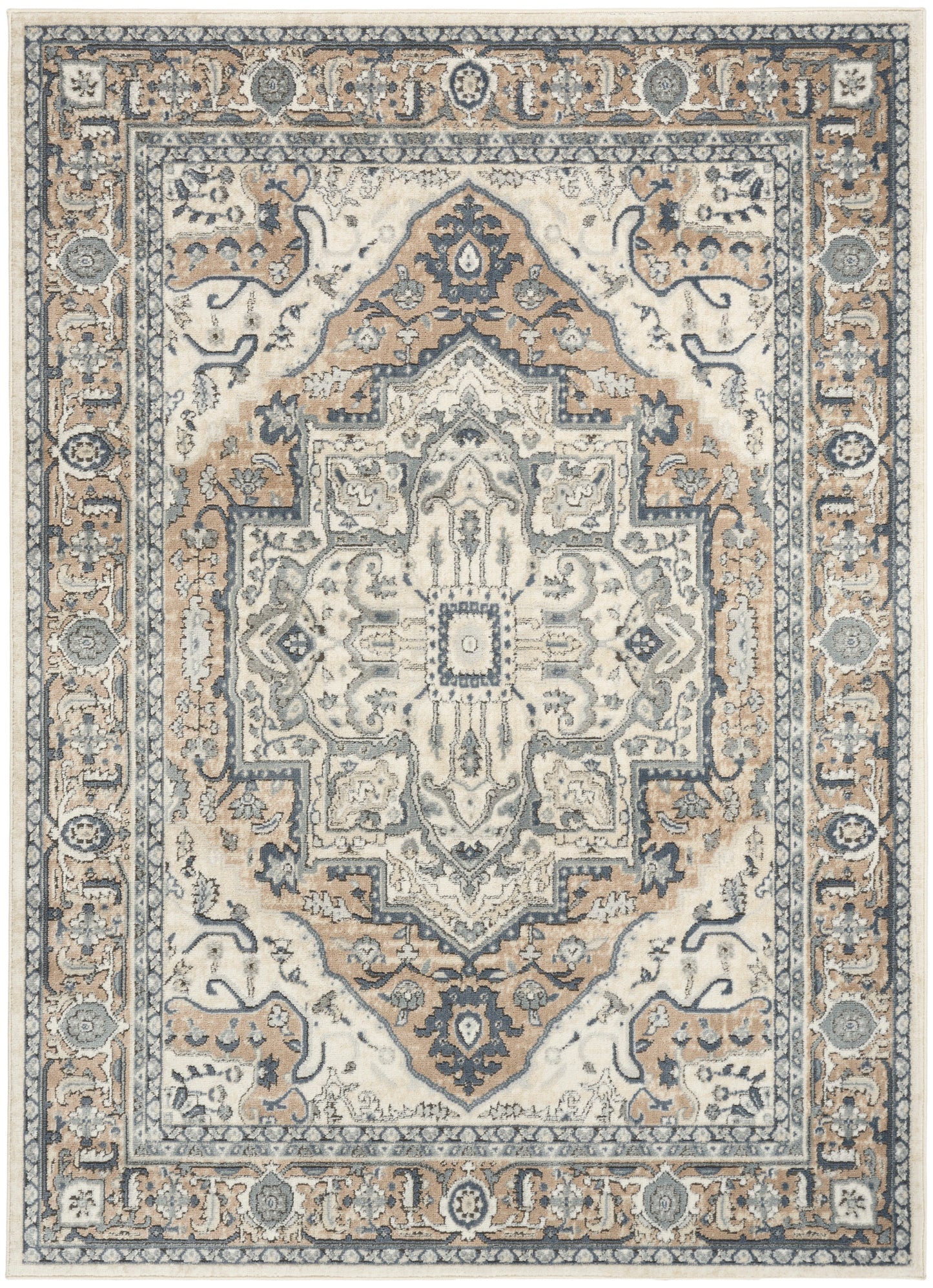 Rectangular woven rug in Persian/oriental style with ivory field, blue and tan central medallion, and ornate border patterns.