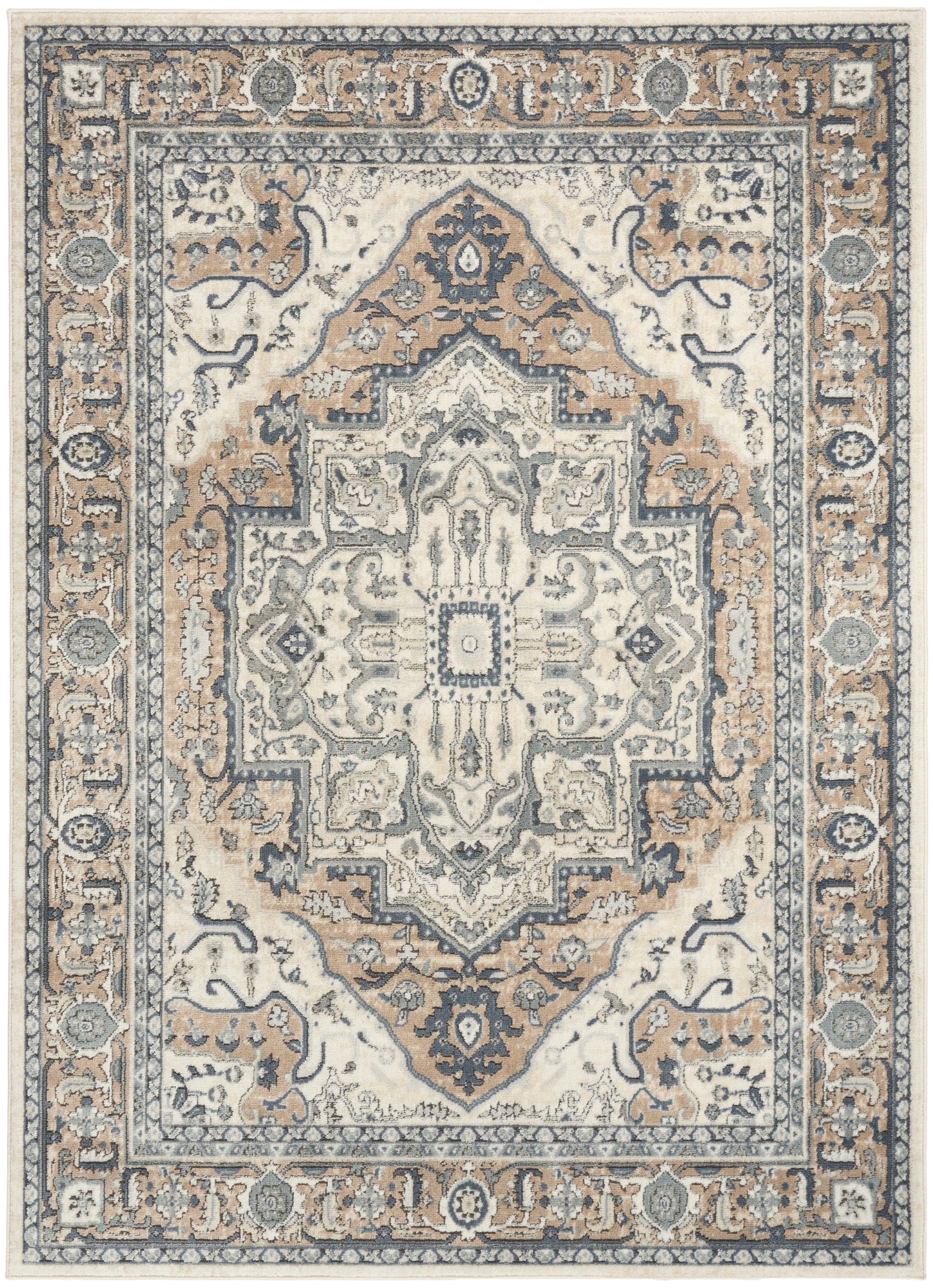 Rectangular woven rug in Persian/oriental style with ivory field, blue and tan central medallion, and ornate border patterns.