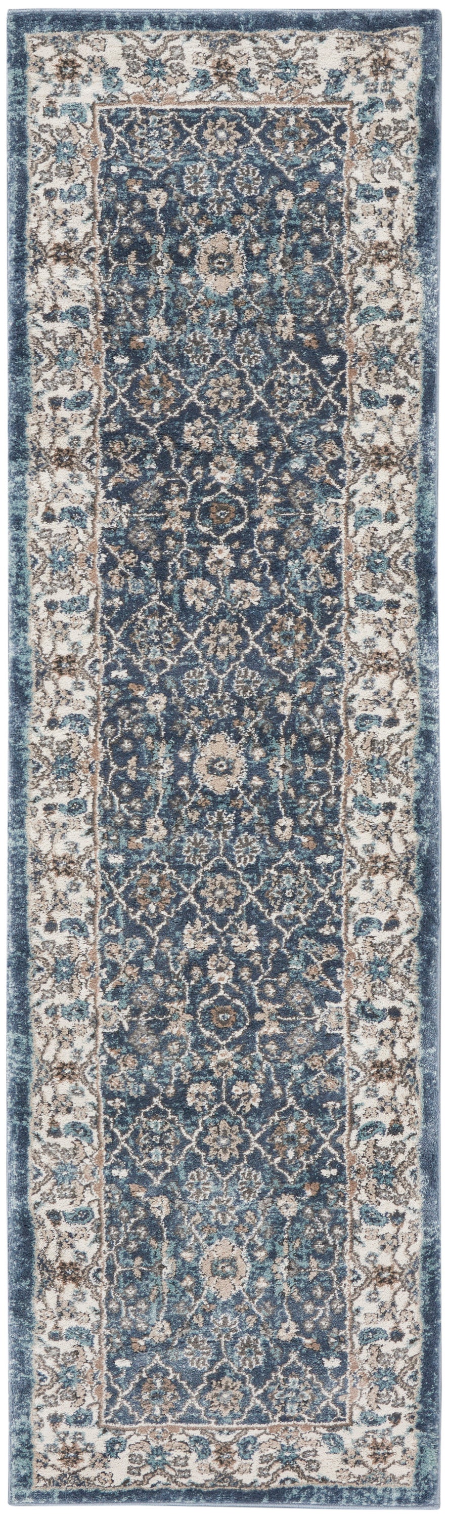Persian-inspired blue runner rug with ivory floral medallions and ornate border, 8' hallway runner.