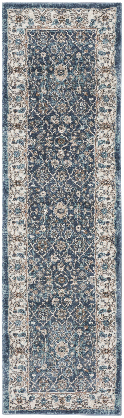 Persian-inspired blue runner rug with ivory floral medallions and ornate border, 8' hallway runner.