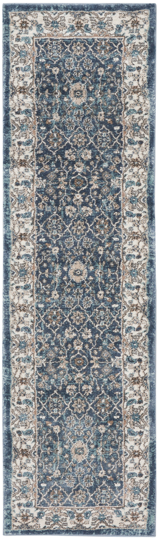Persian-inspired blue runner rug with ivory floral medallions and ornate border, 8' hallway runner.
