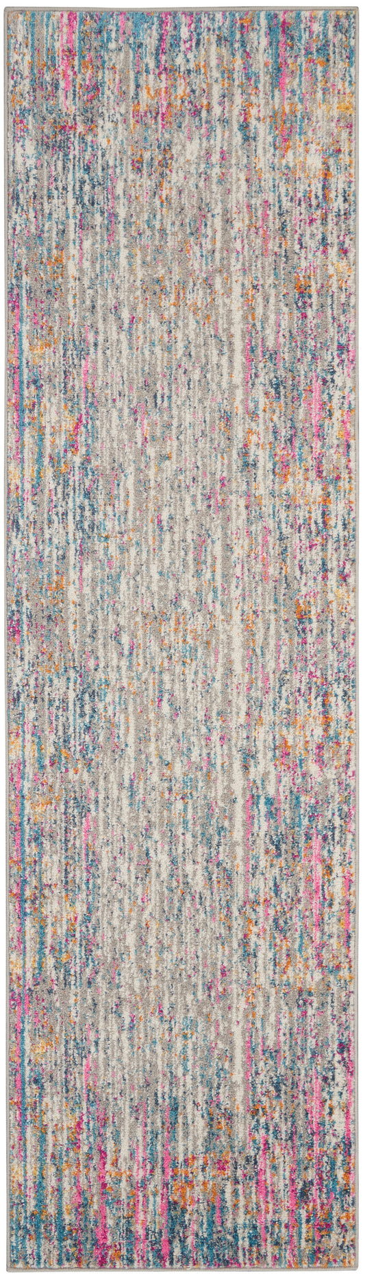 Abstract multicolor rug runner with vertical streaks in pink, blue, orange on beige background.