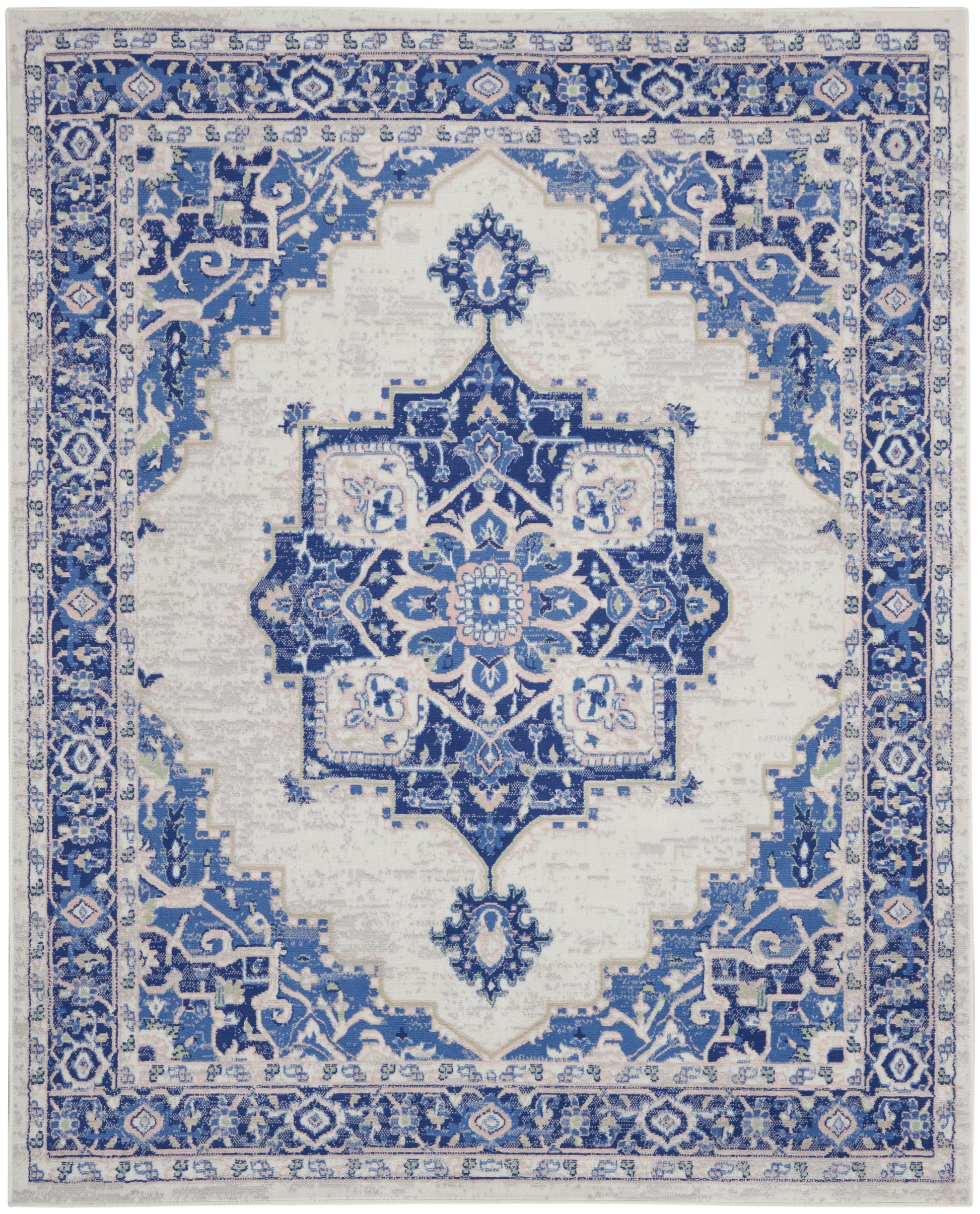 Blue & white Persian-style area rug with a central medallion & ornate floral border.