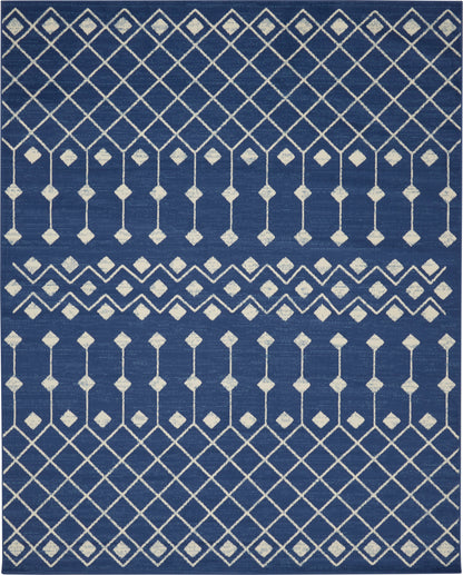 Navy blue rug with white diamond lattice pattern and vertical line motifs for contemporary decor.