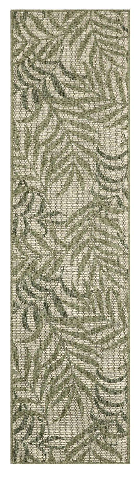 Narrow botanicals rug runner with sage green leaves on beige woven textile for hall or doorway decor.